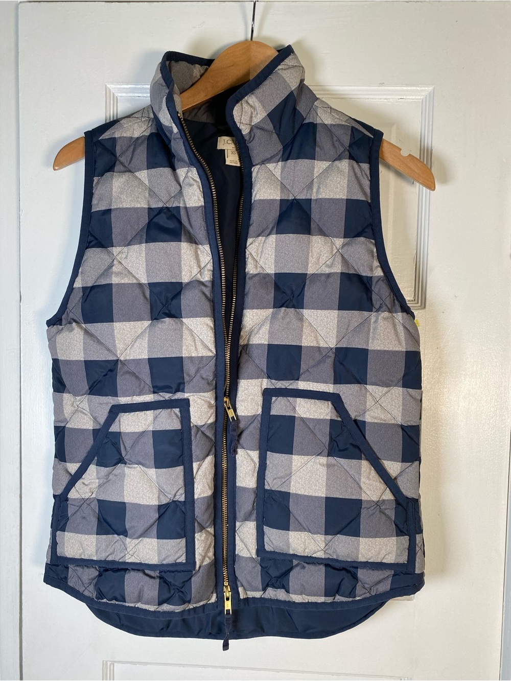 J. Crew Buffalo Check Quilted Puffer Vest in Navy and Cream